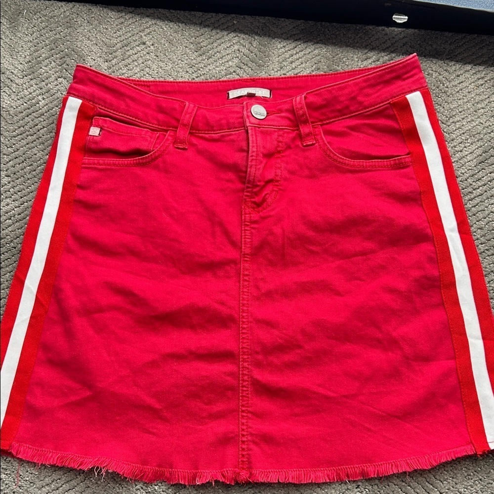 Dear John Red Denim Side Stripe Mini Skirt - Size 28 - Raw Hem & Stretch